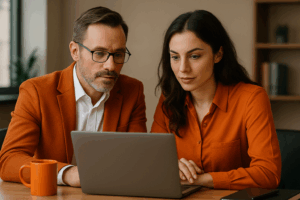 Zwei Personen, die gemeinsam an einem Laptop arbeiten, mit einer orangefarbenen Tasse auf dem Tisch.